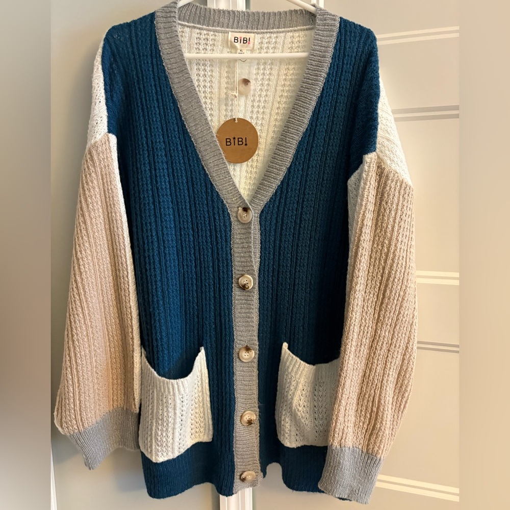 BiBi Women's Knit Cardigan - Blue, Cream, Gray, Tan